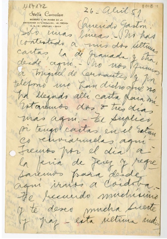 [Carta] 1951 abril 26, [Sevilla], España [a] Gastón [Castelló Bravo]  [manuscrito] Stella Corvalán.
