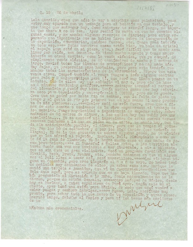 [Carta] [1951] abril 26, [México] [a] Lola Falcón  [manuscrito] Luis Enrique Délano.