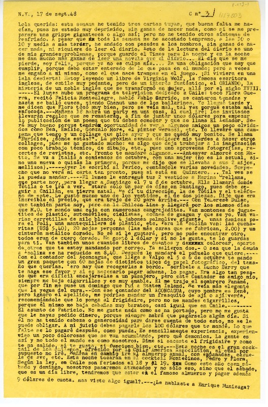 [Carta] 1948 septiembre 17, Nueva York [a] Lola Falcón  [manuscrito] Luis Enrique Délano.