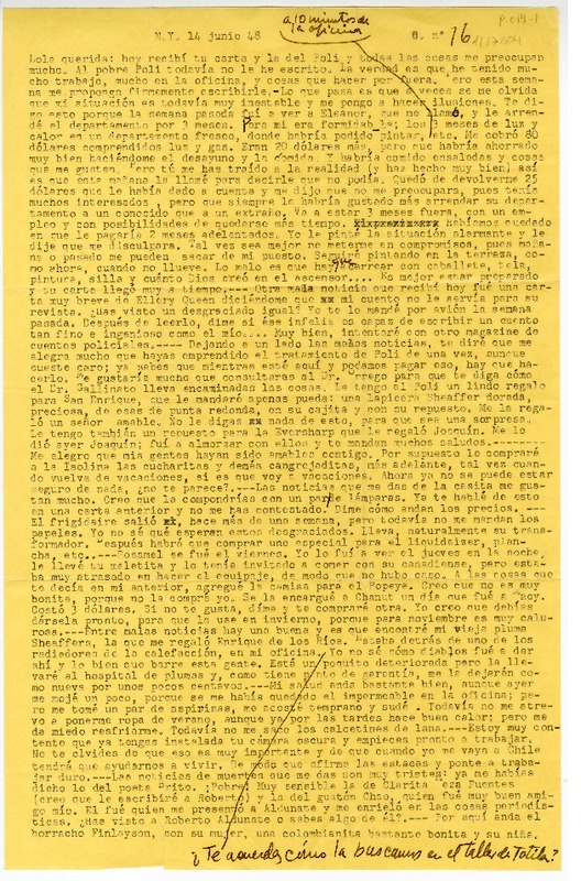 [Carta] 1948 junio 14, Nueva York [a] Lola Falcón  [manuscrito] Luis Enrique Délano.