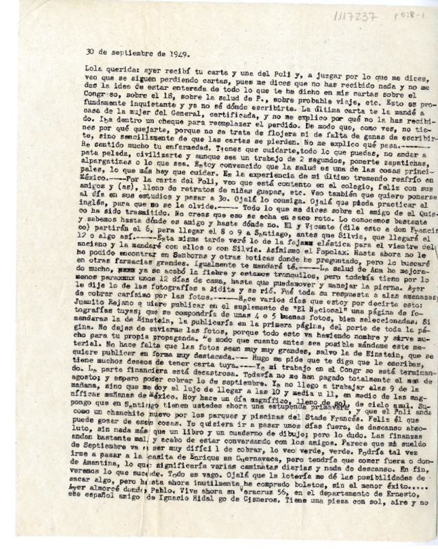 [Carta] 1949 septiembre 30, México D. F. [a] Lola Falcón  [manuscrito] Luis Enrique Délano.