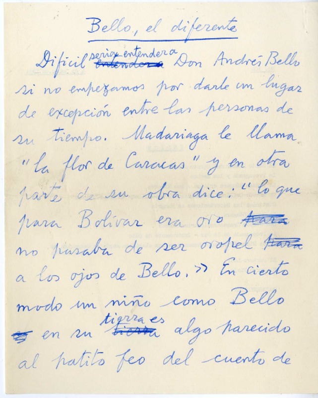 Bello, el diferente  [manuscrito] Joaquín Edwards Bello.