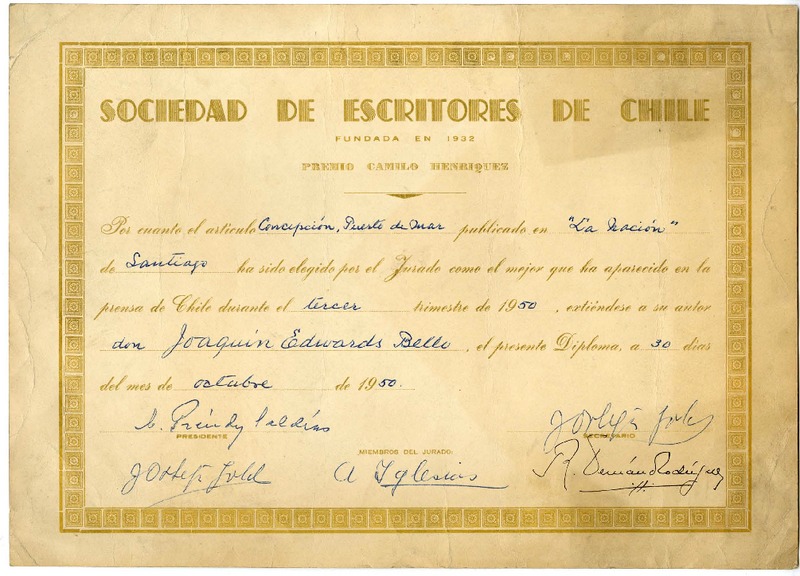 Diploma] 1950 octubre 30, Santiago, [Chile] [a] Joaquín Edwards Bello  [manuscrito] Sociedad de Escritores de Chile (SECH). - Biblioteca Nacional  Digital de Chile