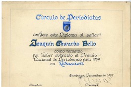 [Diploma] 1959 diciembre, Santiago, [Chile] [a] Joaquín Edwards Bello  [manuscrito] Círculo de Periodistas de Chile.