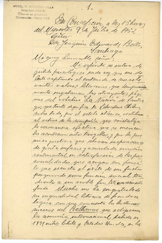 [Carta] 1952 julio 9, Concepción, [Chile] [a] Joaquín Edwards Bello, Santiago  [manuscrito] Angel C. Mendoza Villa.