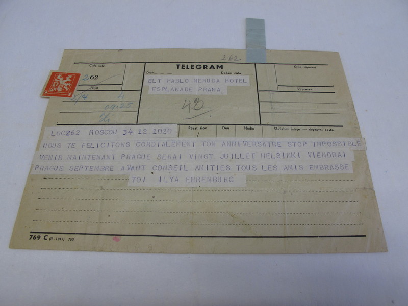 [Telegrama] 1971, Moscú, URSS [a] Pablo Neruda  [manuscrito] Ilyá Ehrenburg.