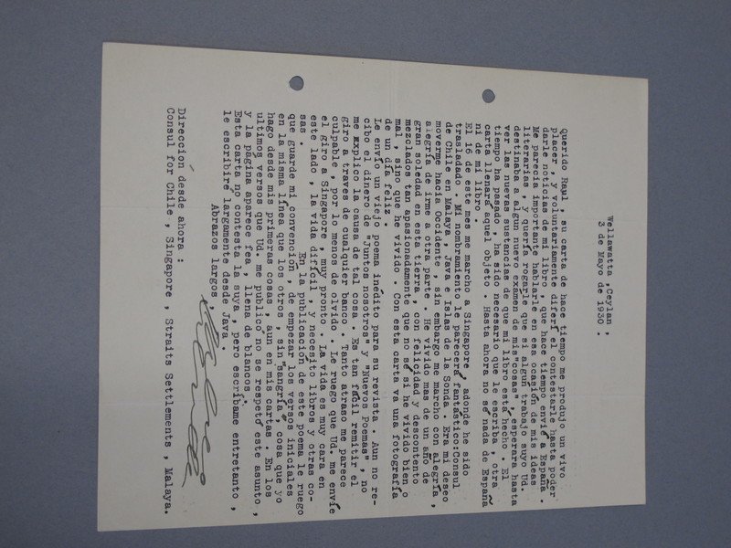 [Carta] 1930 mayo 3, Wellawatta, Ceylan [a] Raúl Silva Castro  [manuscrito] Pablo Neruda.