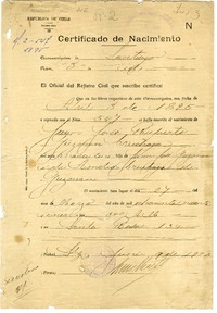 [Certificado de Nacimiento] 1895 abril 3, Santiago, Chile [de] Juan Guzmán Cruchaga  [manuscrito] Registro Civil, circunscripción de Santiago.