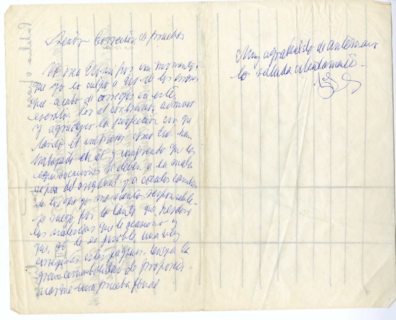 [Carta] [1957] Santiago, Chile [a un corrector de prueba de una editorial]  [manuscrito] Juan Guzmán Cruchaga.