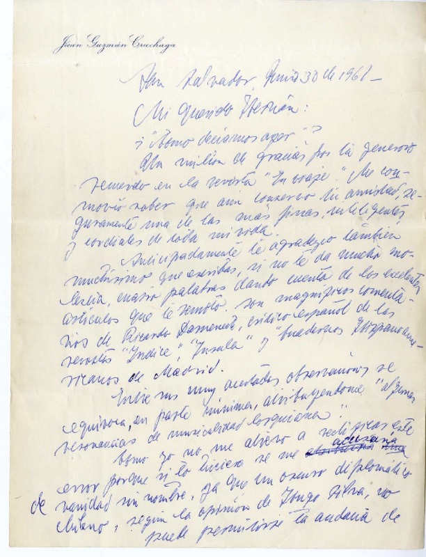 [Carta] 1961 junio 30, El Salvador [a] Hernán del Solar  [manuscrito] Juan Guzmán Cruchaga.
