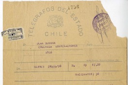 [Telegrama] 1947 mayo 29, Buenos Aires, Argentina [a] Juan Guzmán Cruchaga  [manuscrito] Marta Brunet.
