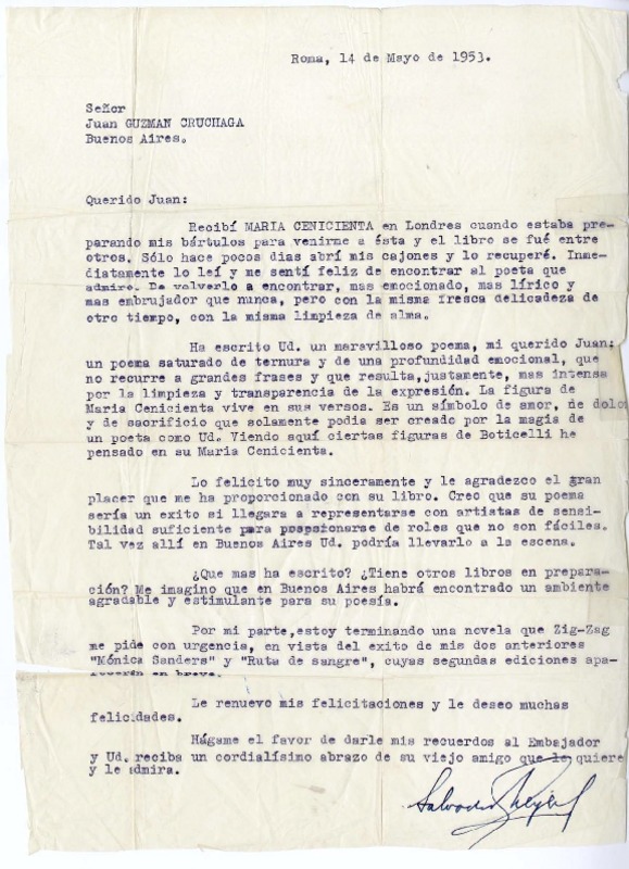 [Carta] 1953 mayo 14, Roma, Italia [a] Juan Guzmán Cruchaga  [manuscrito] Salvador Reyes.