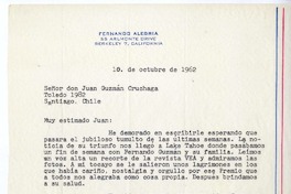 [carta] 1962 octubre 10, Berkeley, California [a] Juan Guzmán Cruchaga  [manuscrito] Fernando Alegría.