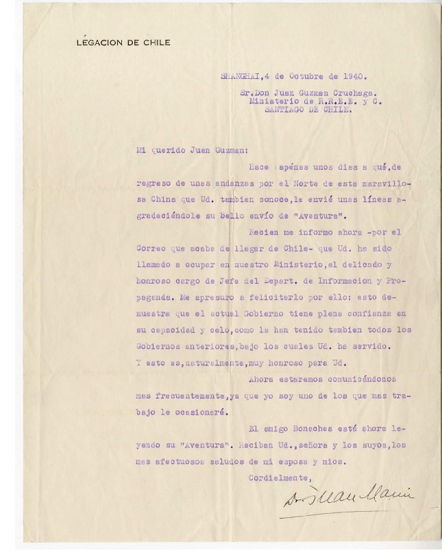 [Carta] 1940 octubre 4, Shanghai, China [a] Juan Guzmán Cruchaga  [manuscrito] Juan Marin.
