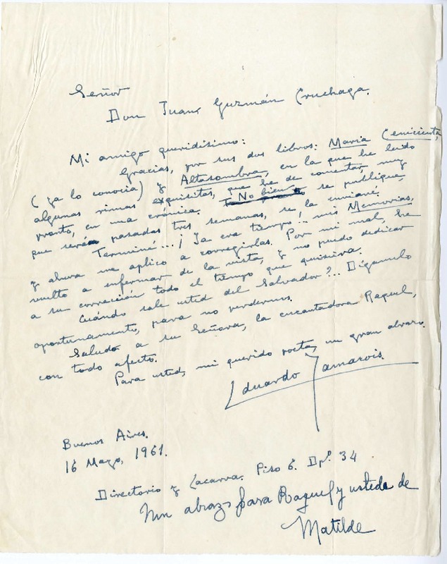 [carta] 1961 mayo 16, Buenos Aires, Argentina [a] Juan Guzmán Cruchaga  [manuscrito] Eduardo Yamarois.