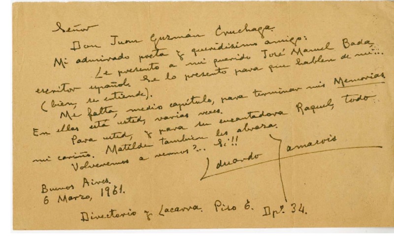 [carta] 1961 marzo 6, Buenos Aires, Argentina [a] Juan Guzmán Cruchaga  [manuscrito] Eduardo Yamarois.