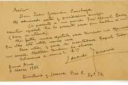 [carta] 1961 marzo 6, Buenos Aires, Argentina [a] Juan Guzmán Cruchaga  [manuscrito] Eduardo Yamarois.