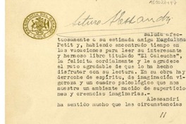 [Tarjeta] 1948 marzo 4, Santiago, Chile [a] Magdalena Petit  [manuscrito] Arturo Alessandri Rodríguez.