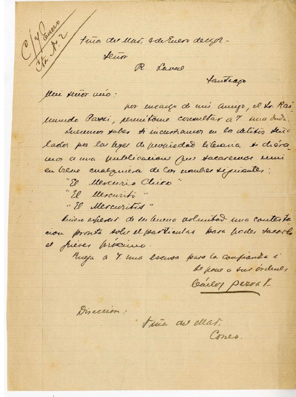 [Carta] 1902 enero 3, Viña del Mar, Chile [a] Ramón A. Laval  [manuscrito] Carlos Pezoa Véliz.