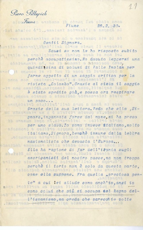 [Carta] 1930 febrero 28, Fiume, Italia [a] Magdalena Petit  [manuscrito] Piero Pillepich.