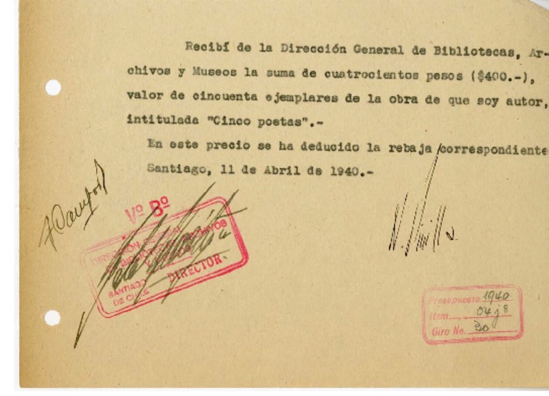 [Recibo] 1940 abril 11, Santiago, Chile [a] Biblioteca Nacional de Chile  [manuscrito] Norberto Pinilla.