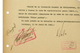 [Recibo] 1940 abril 11, Santiago, Chile [a] Biblioteca Nacional de Chile  [manuscrito] Norberto Pinilla.