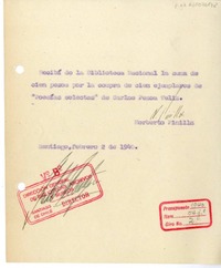 [Recibo] 1940 febrero 2, Santiago, Chile [a] Biblioteca Nacional de Chile  [manuscrito] Norberto Pinilla.