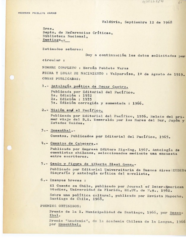 [Carta] 1968 septiembre 12, Valdivia, Chile [a] Biblioteca Nacional de Chile  [manuscrito] Hernán Poblete Varas.