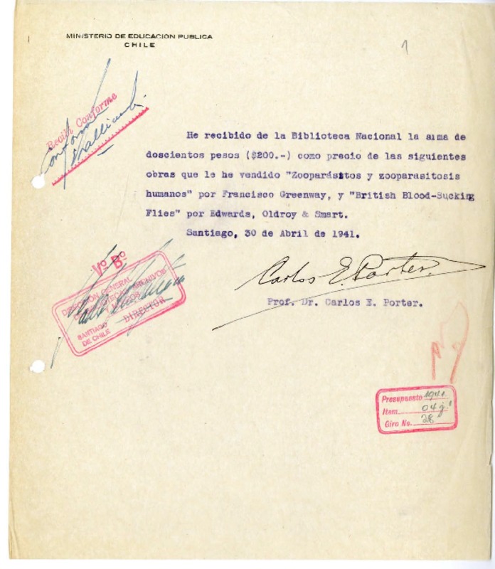 [Recibo] 1941 abril 30, Santiago, Chile [a] Biblioteca Nacional de Chile  [manuscrito] Carlos E. Porter.