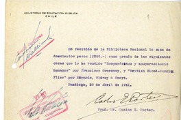[Recibo] 1941 abril 30, Santiago, Chile [a] Biblioteca Nacional de Chile  [manuscrito] Carlos E. Porter.