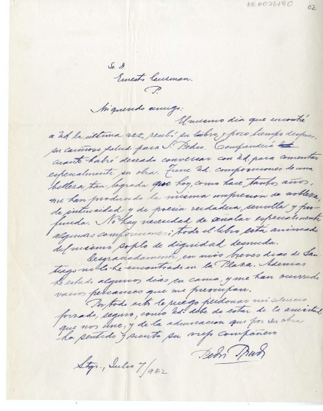 [Carta] 1942 julio 7, Santiago, Chile [a] Ernesto A. Guzmán  [manuscrito] Pedro Prado.