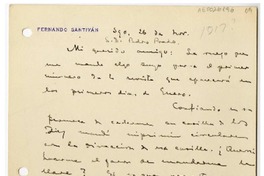 [Tarjeta] 1917 noviembre 26, Santiago, Chile [a] Pedro Prado  [manuscrito] Fernando Santivan.