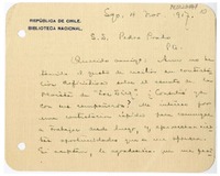 [Tarjeta] 1917 noviembre 4, Santiago, Chile [a] Pedro Prado  [manuscrito] Fernando Santivan.