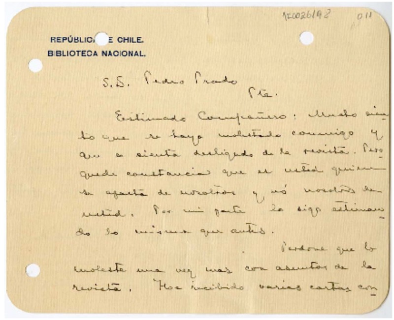 [Tarjeta] 1917, Santiago, Chile [a] Pedro Prado  [manuscrito] Fernando Santivan.