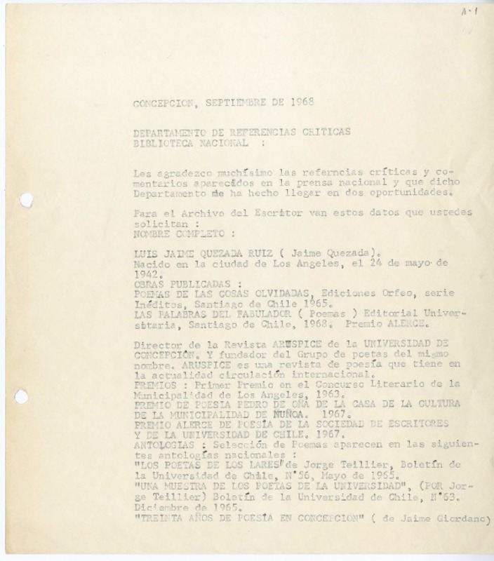 [Carta] 1968 septiembre, Concepción, Chile [a] Biblioteca Nacional de Chile  [manuscrito] Luis Jaime Quezada Ruiz.