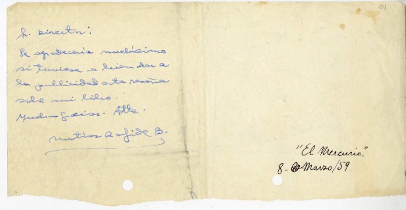 [Carta] 1959 marzo 8, Santiago, Chile [al] Director de "El Mercurio"  [manuscrito] Matías Rafide.