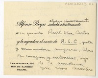 [Tarjeta] 1935 agosto 27, Río de Janeiro, Brasil [a] Raúl Silva Castro  [manuscrito] Alfonso Reyes.