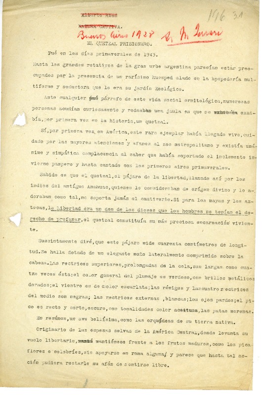 El quetzal prisionero  [manuscrito] Alberto Ried Silva.