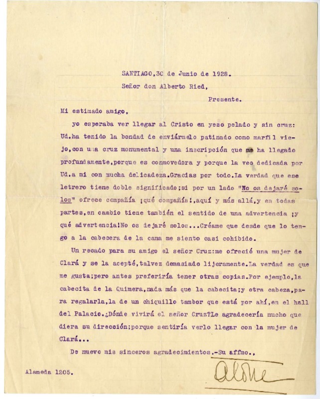 [Carta] 1928 junio 30, Santiago, Chile [a] Alberto Ried Silva  [manuscrito] Hernán Díaz Arrieta.