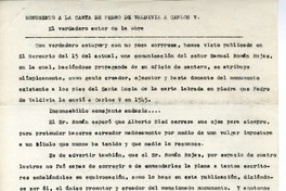 Monumento de la carta de Pedro de Valdivía a Carlos V El verdadero autor de la obra [manuscrito] : Eduardo Pérez Covarrubias.