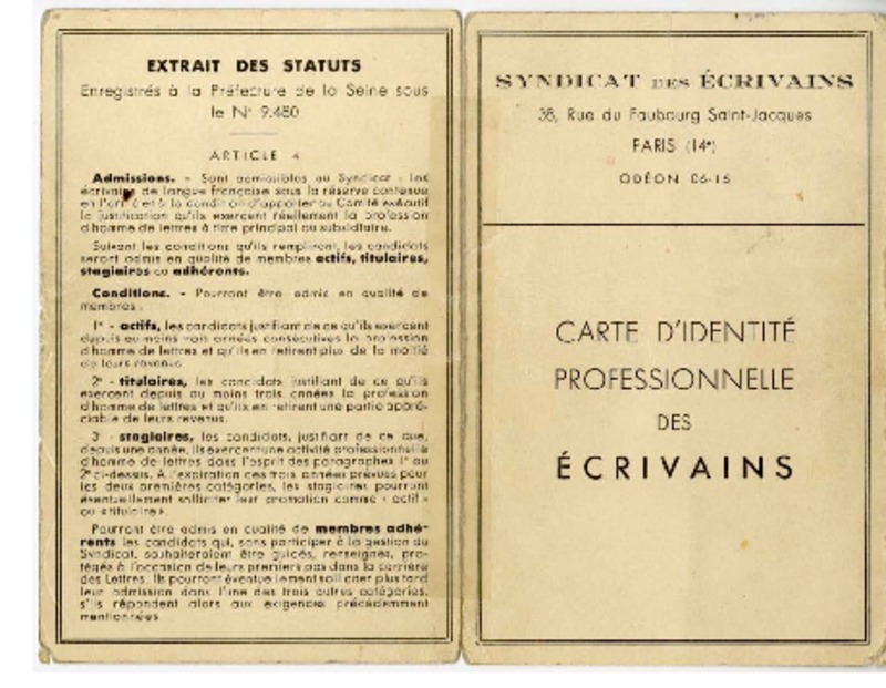 Carné de identidad del sindicato de escritores de París.  [manuscrito] Alberto Ried Silva.