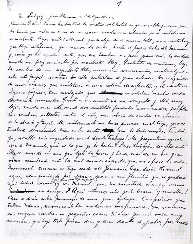 [Carta] 1922 agosto 8, Rhein, Alemania [a] Pedro Prado  [manuscrito] Alberto Ried Silva.