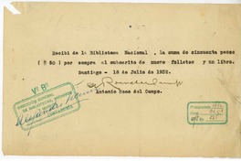 [Recibo] 1932 julio 18, Santiago, Chile [a] Biblioteca Nacional de Chile  [manuscrito] Antonio Roco del Campo.