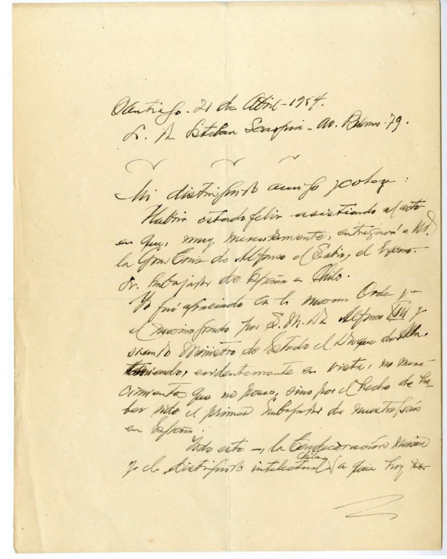 [Carta] 1954 abril 21, Santiago, Chile [a] Roque Esteban Scarpa  [manuscrito] Emilio Rodríguez Mendoza.