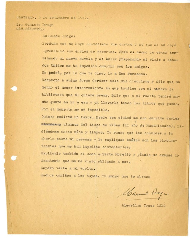 [Carta] 1957 septiembre 5, Santiago, Chile [a] Gonzalo Drago  [manuscrito] Manuel Rojas.