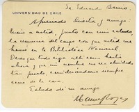 [Tarjeta] 1929, Santiago, Chile [a] Eduardo Barrios  [manuscrito] Manuel Rojas.