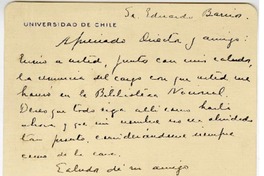 [Tarjeta] 1929, Santiago, Chile [a] Eduardo Barrios  [manuscrito] Manuel Rojas.