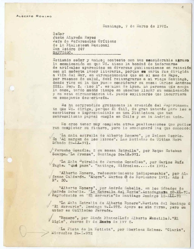 [Carta] 1972 marzo 7, Santiago, Chile [a] Biblioteca Nacional de Chile  [manuscrito] Alberto Romero.