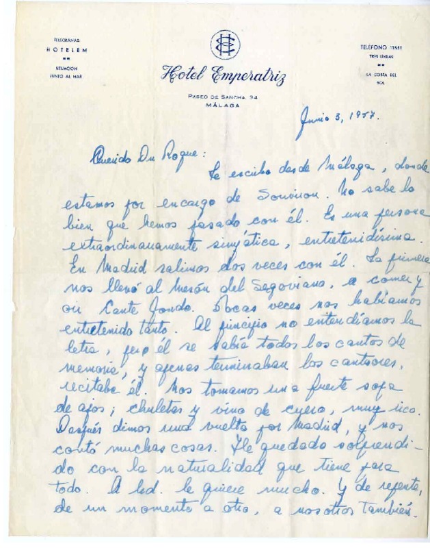 [Carta] 1957 julio 3, Málaga, España [a] Roque Esteban Scarpa  [manuscrito] Carlos Ruiz-Tagle.