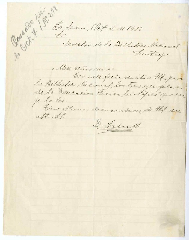 [Recibo] 1913 octubre 2, La Serena, Chile [de] Biblioteca Nacional de Chile  [manuscrito] Demetrio Salas Maturana.